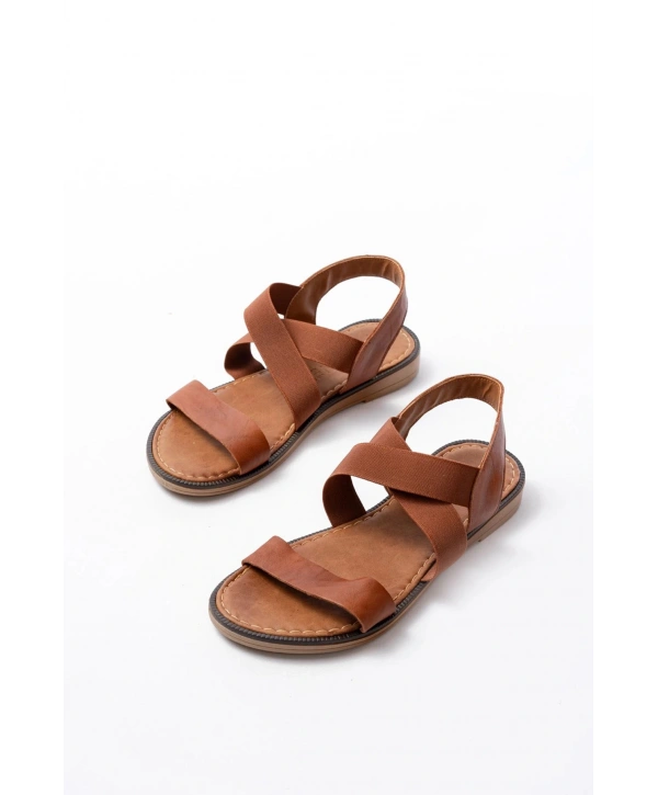 205-04 Taba Tek Bantlı Lastikli Hakiki Deri Ortopedik Taban Kadın Sandalet