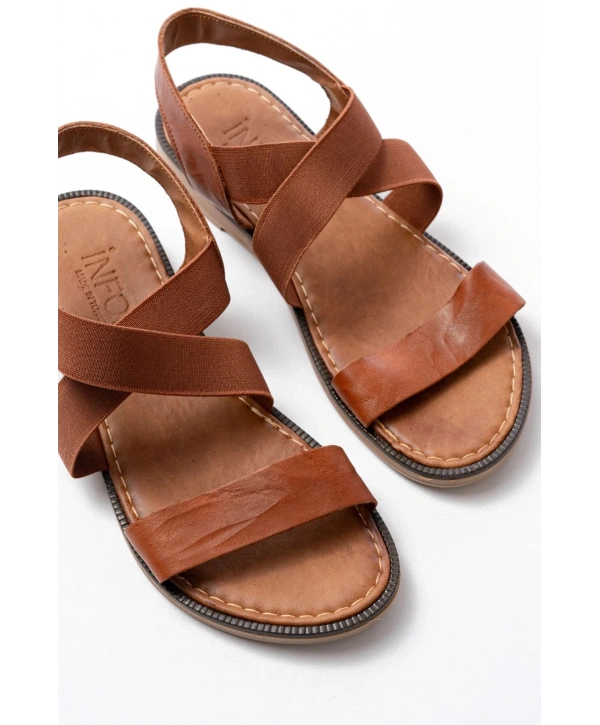 205-04 Taba Tek Bantlı Lastikli Hakiki Deri Ortopedik Taban Kadın Sandalet