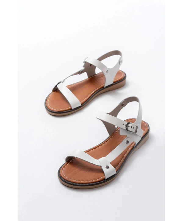 205-090 Beyaz Hakiki Deri Tokalı Kadın Sandalet
