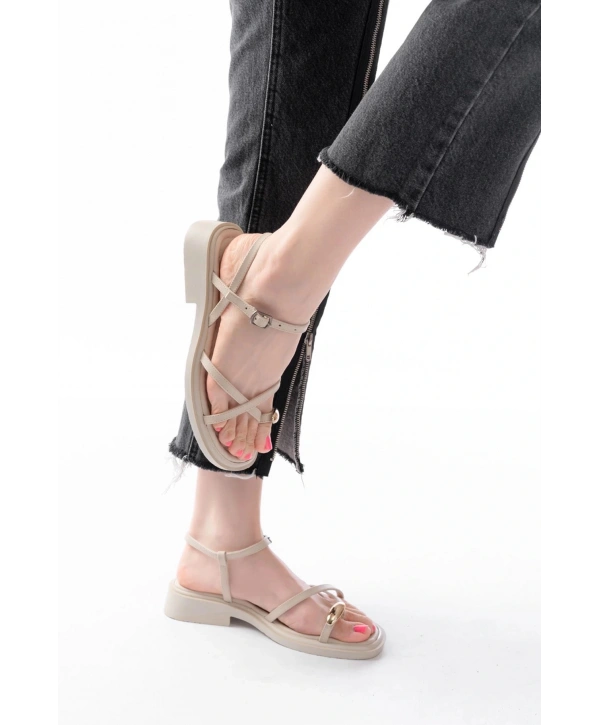 S-101 Bej Parmak Arası Taş Detaylı Günlük Kadın Sandalet