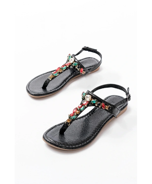 152-1110 Siyah Multi Cam Kırığı Taşlı Parmak Arası Kadın Sandalet