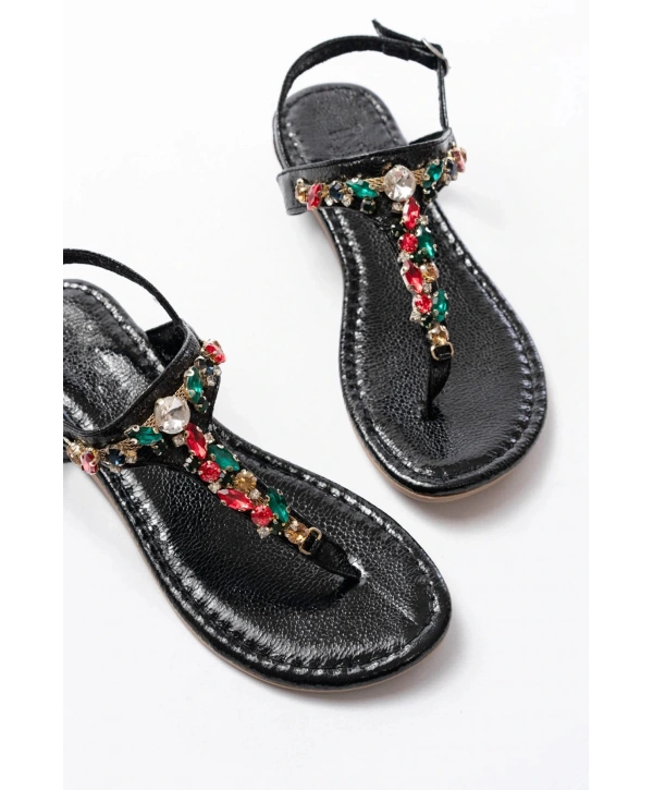 152-1110 Siyah Multi Cam Kırığı Taşlı Parmak Arası Kadın Sandalet