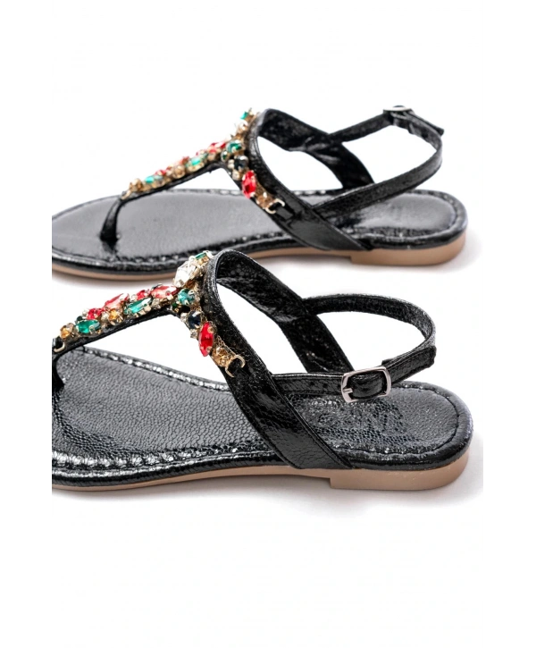 152-1110 Siyah Multi Cam Kırığı Taşlı Parmak Arası Kadın Sandalet