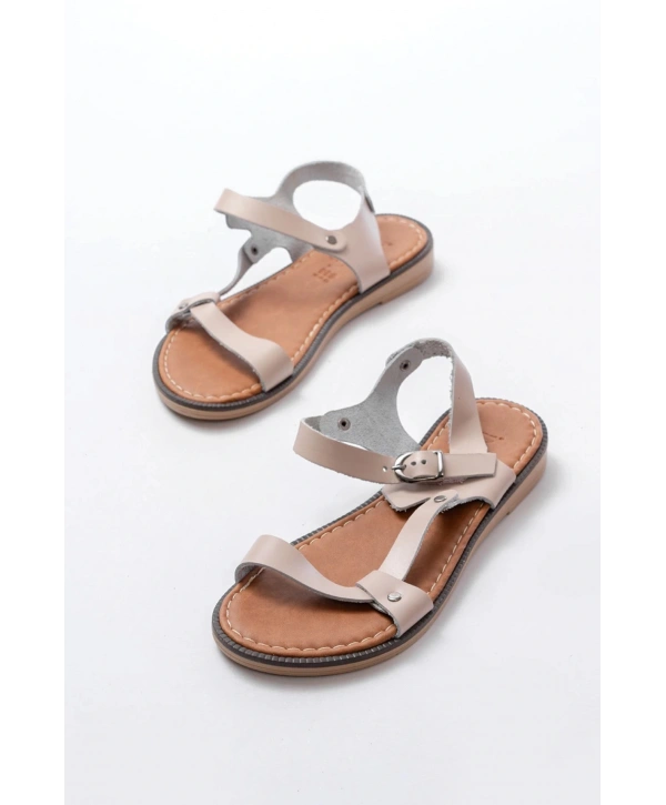205-090 Bej Hakiki Deri Tokalı Kadın Sandalet
