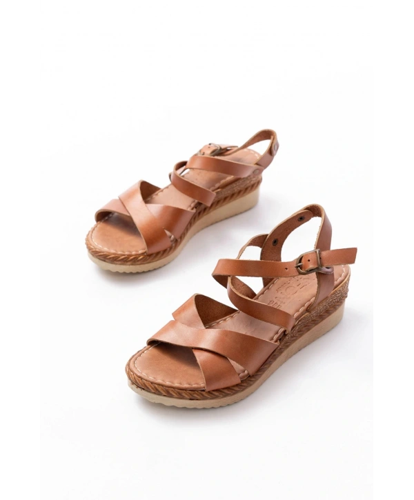 731-045 Taba Çapraz Hakiki Deri Dolgu Topuklu Günlük Kadın Sandalet