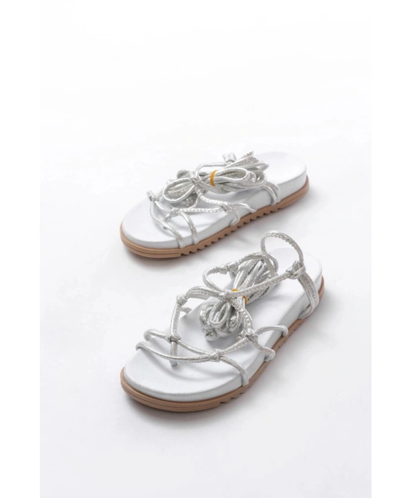 1001-1001 Beyaz Gümüş  Bilekten Bağcıklı Kadın Sandalet