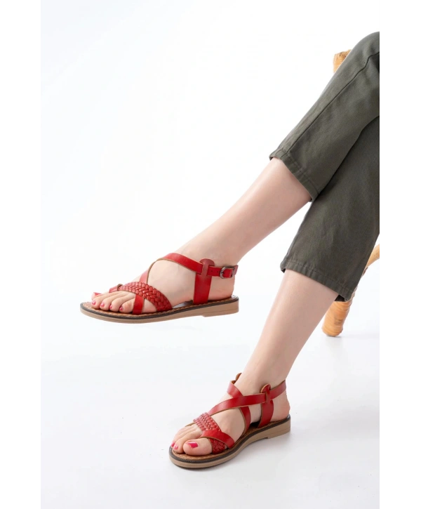 205-09 Kırmızı Ortopedik Hakiki Deri Kadın Sandalet