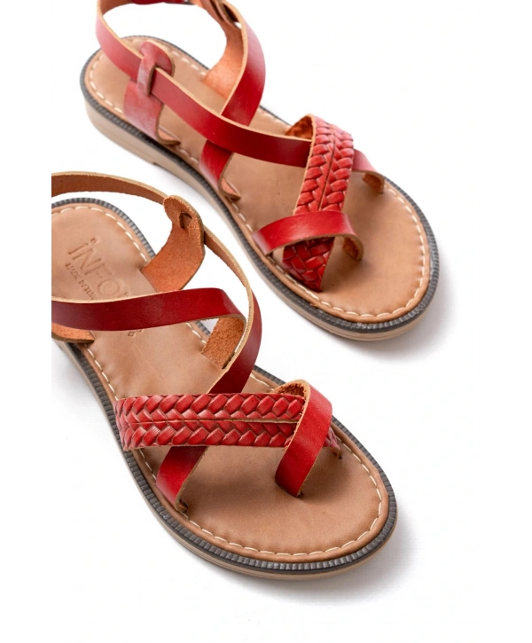 205-09 Kırmızı Ortopedik Hakiki Deri Kadın Sandalet