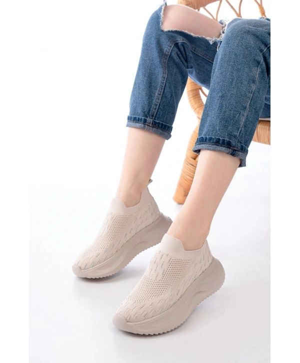 DM-707  Bej Fileli Faillant Taban Taş Aksesuarlı Günlük Spor Ayakkabı