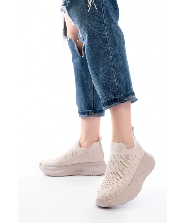 DM-707  Bej Fileli Faillant Taban Taş Aksesuarlı Günlük Spor Ayakkabı