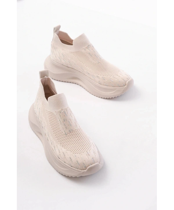 DM-707  Bej Fileli Faillant Taban Taş Aksesuarlı Günlük Spor Ayakkabı