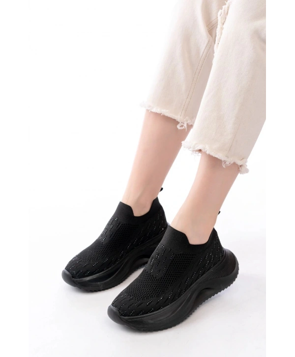 DM-707  Siyah Fileli Faillant Taban Taş Aksesuarlı Günlük Spor Ayakkabı