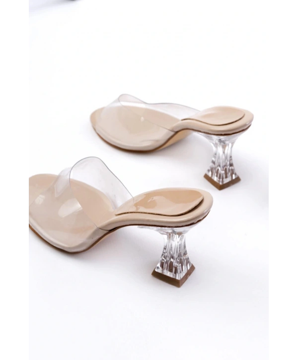 S-619 Bej Rugan Şeffaf Bantlı Şeffaf Topuklu Yuvarlak Burunlu Kadın Terlik