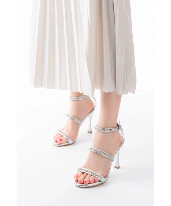 A-40 Gümüş Taşlı Platformlu Topuklu Kadın Ayakkabı