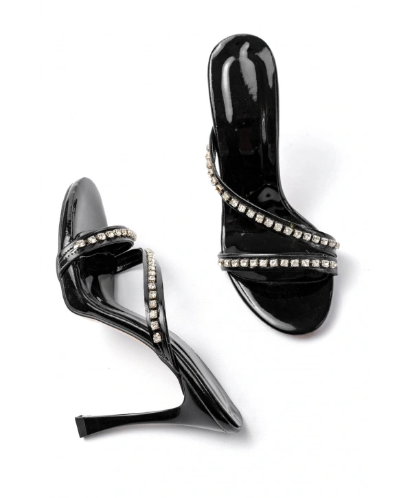 A-60 Kadın Siyah Gümüş Taşlı Platformlu Topuklu Terlik
