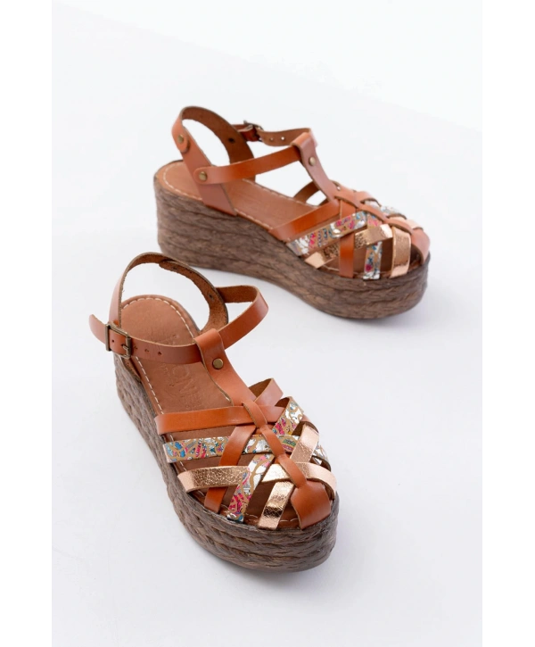 684-02 Taba Garni Ortopedik Hakiki Deri Dolgu Kadın Sandalet