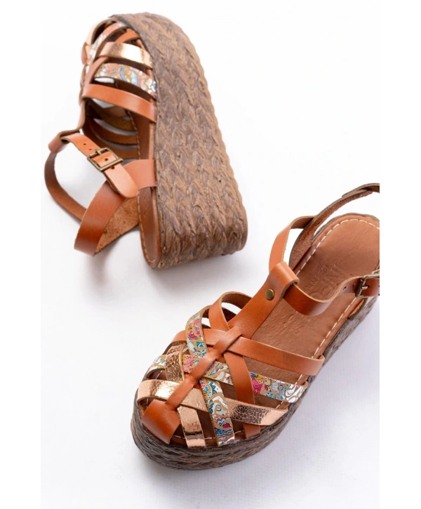 684-02 Taba Garni Ortopedik Hakiki Deri Dolgu Kadın Sandalet