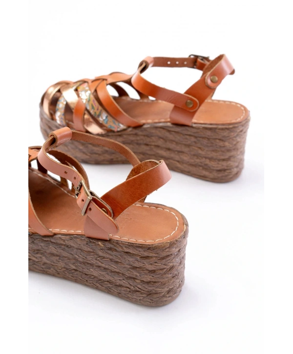 684-02 Taba Garni Ortopedik Hakiki Deri Dolgu Kadın Sandalet