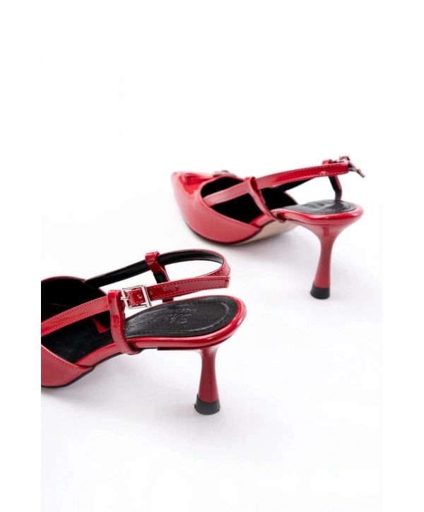İNF-2300 Kırmızı Rugan Günlük Arkası Açık Fiyonklu Topuklu Bayan Ayakkabı