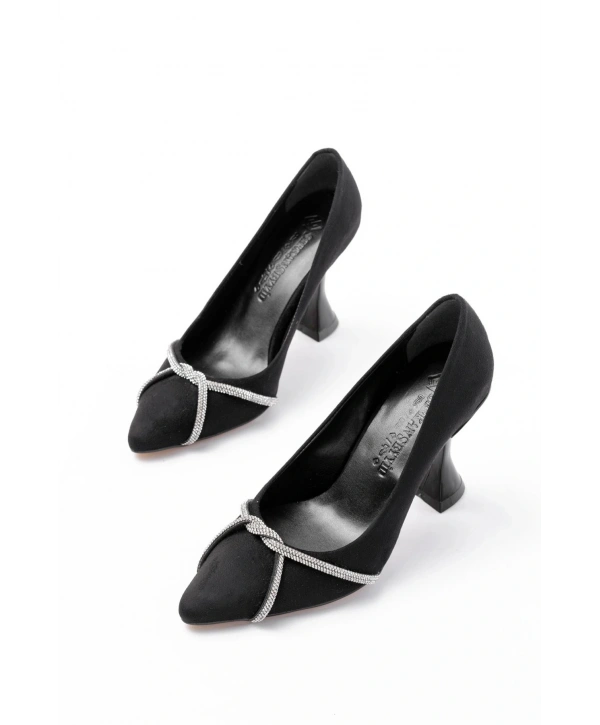 K-10 Siyah Süet Günlük Sarmal Taşlı Topuklu Kadın Ayakkabı