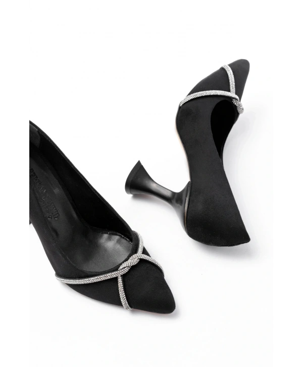 K-10 Siyah Süet Günlük Sarmal Taşlı Topuklu Kadın Ayakkabı