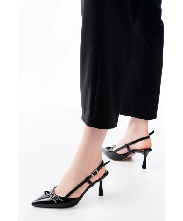 İNF-2300 Siyah Rugan Günlük Arkası Açık Fiyonklu Topuklu Bayan Ayakkabı