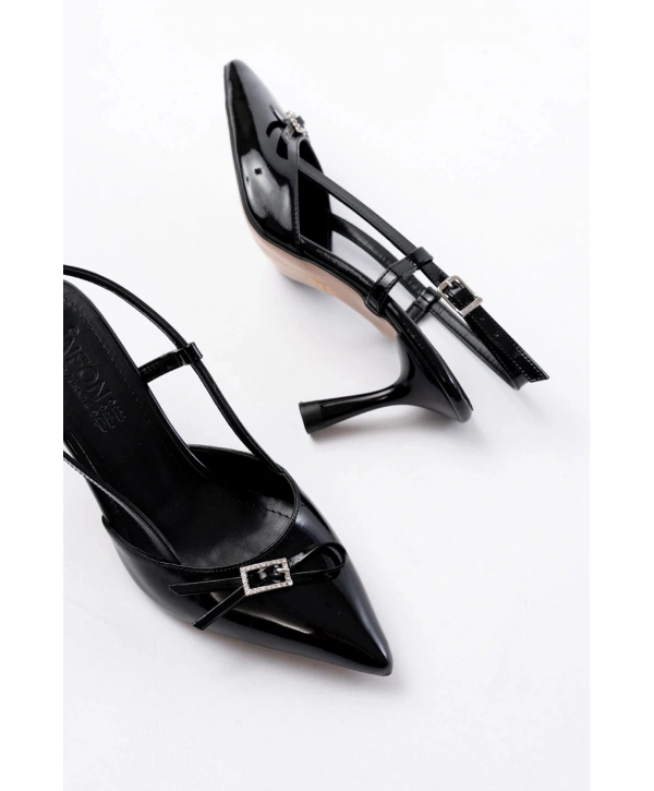 İNF-2300 Siyah Rugan Günlük Arkası Açık Fiyonklu Topuklu Bayan Ayakkabı