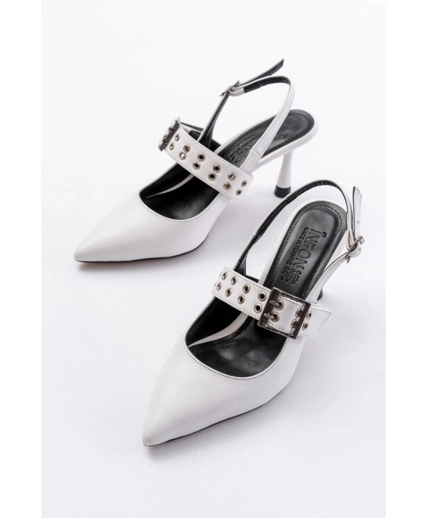 İNF-260 Beyaz Günlük Arkası Açık Baret Tokalı Topuklu Bayan Ayakkabı