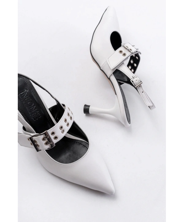 İNF-260 Beyaz Günlük Arkası Açık Baret Tokalı Topuklu Bayan Ayakkabı