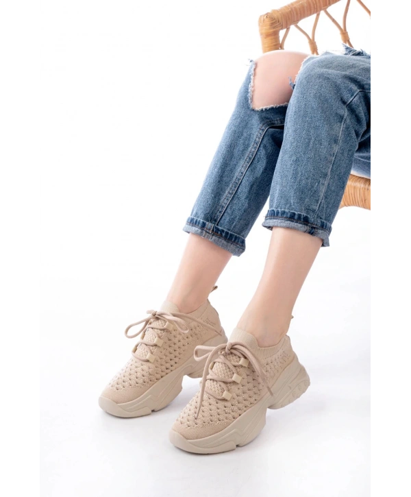 SP-2024 Bej Günlük Bağcıklı Fileli Taş Aksesuarlı Kadın Spor Ayakkabı
