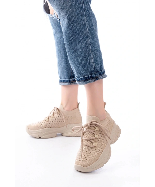 SP-2024 Bej Günlük Bağcıklı Fileli Taş Aksesuarlı Kadın Spor Ayakkabı