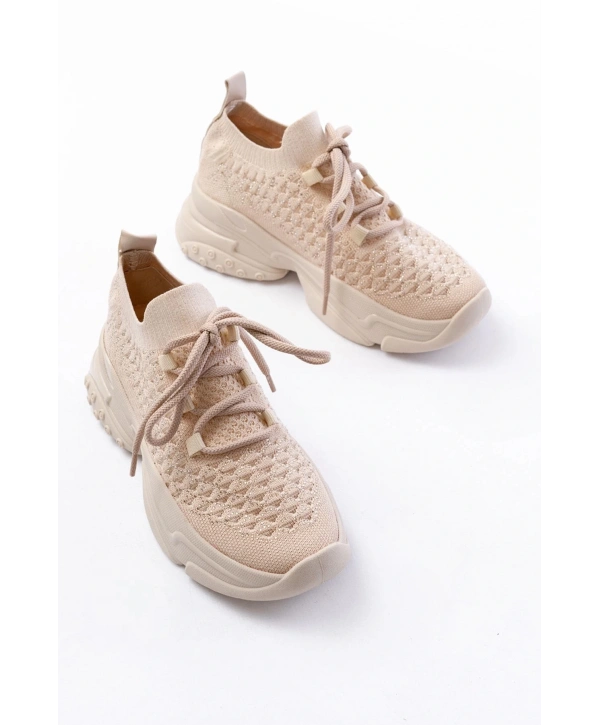 SP-2024 Bej Günlük Bağcıklı Fileli Taş Aksesuarlı Kadın Spor Ayakkabı