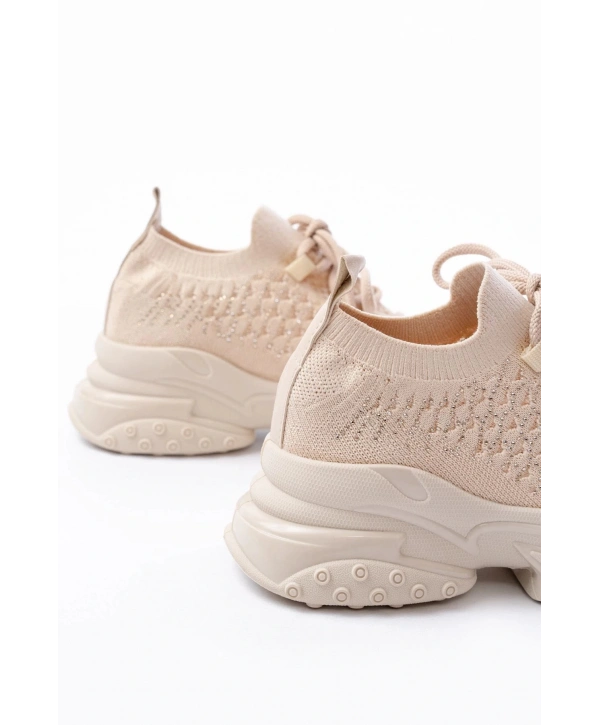 SP-2024 Bej Günlük Bağcıklı Fileli Taş Aksesuarlı Kadın Spor Ayakkabı