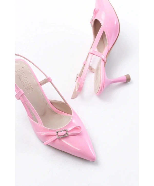 İNF-2300 Pembe Rugan Günlük Arkası Açık Fiyonklu Topuklu Bayan Ayakkabı
