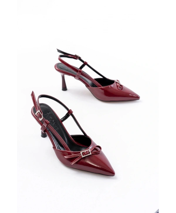 İNF-2300 Bordo Rugan Günlük Arkası Açık Fiyonklu Topuklu Bayan Ayakkabı