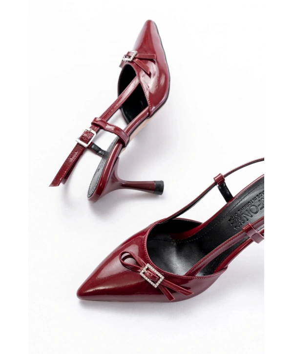 İNF-2300 Bordo Rugan Günlük Arkası Açık Fiyonklu Topuklu Bayan Ayakkabı