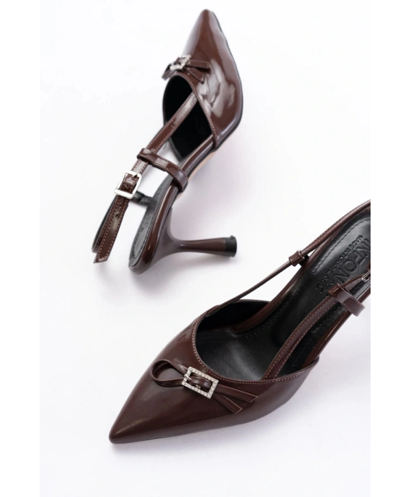 İNF-2300 Kahve Rugan Günlük Arkası Açık Fiyonklu Topuklu Bayan Ayakkabı