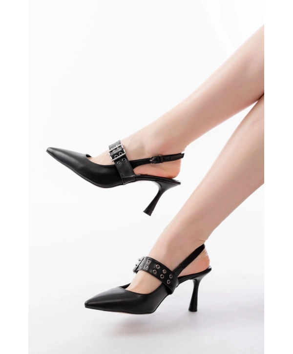 İNF-260 Siyah Günlük Arkası Açık Baret Tokalı Topuklu Bayan Ayakkabı