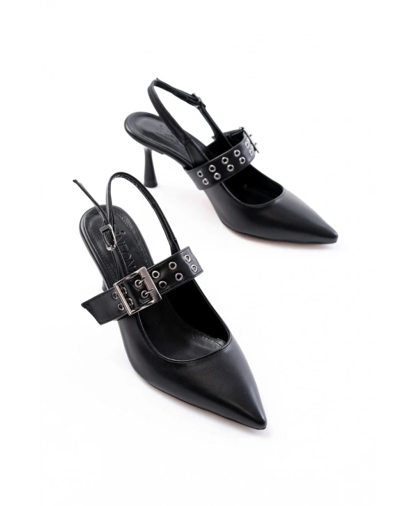 İNF-260 Siyah Günlük Arkası Açık Baret Tokalı Topuklu Bayan Ayakkabı