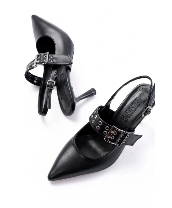 İNF-260 Siyah Günlük Arkası Açık Baret Tokalı Topuklu Bayan Ayakkabı