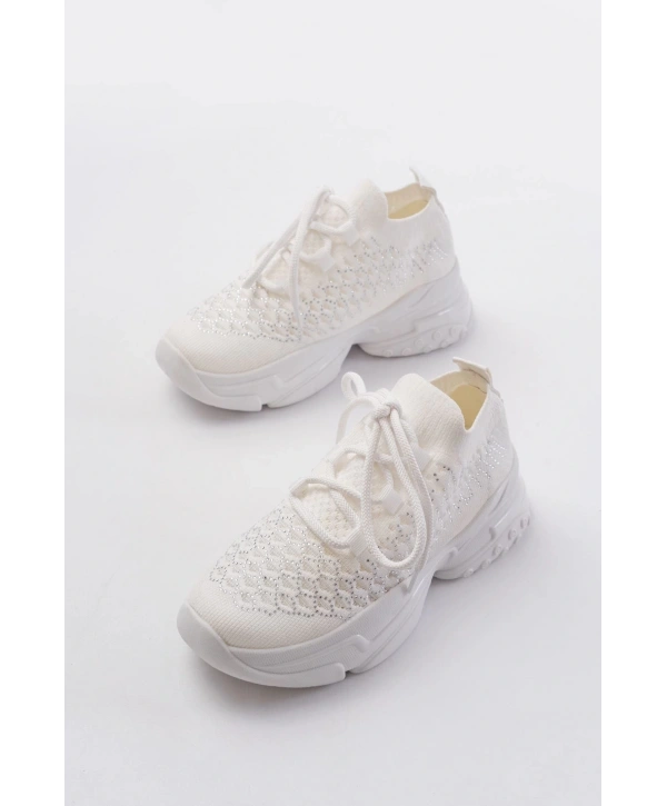 SP-2024 Beyaz Günlük Bağcıklı Fileli Taş Aksesuarlı Kadın Spor Ayakkabı