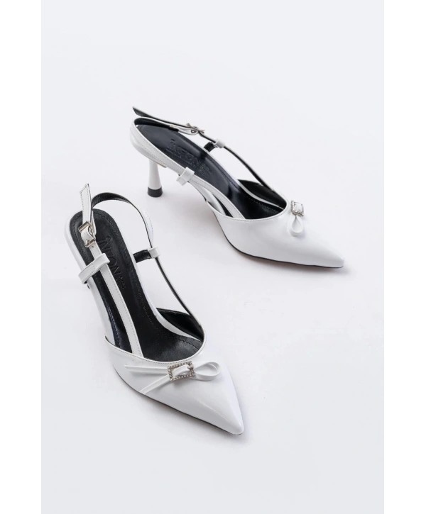 İNF-2300 Beyaz Rugan Günlük Arkası Açık Fiyonklu Topuklu Bayan Ayakkabı