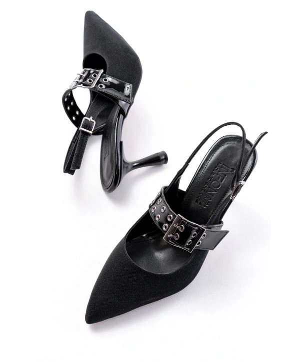 İNF-260 Siyah Simli Günlük Arkası Açık Baret Tokalı Topuklu Bayan Ayakkabı