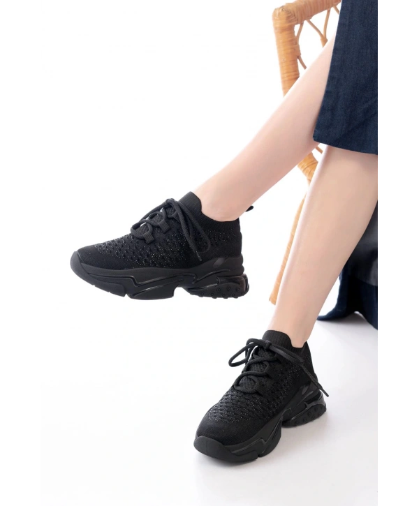 SP-2024 Siyah Günlük Bağcıklı Fileli Taş Aksesuarlı Kadın Spor Ayakkabı