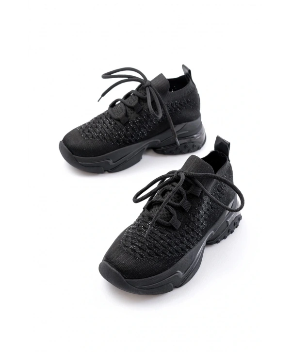 SP-2024 Siyah Günlük Bağcıklı Fileli Taş Aksesuarlı Kadın Spor Ayakkabı