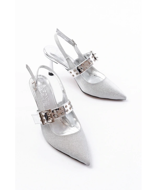 İNF-260 Gümüş Simli Günlük Arkası Açık Baret Tokalı Topuklu Bayan Ayakkabı