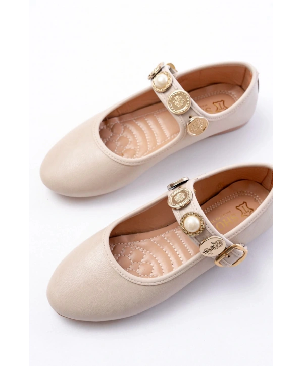 İNF-6363 Bej Baret Tokalı Günlük Bayan Ayakkabı