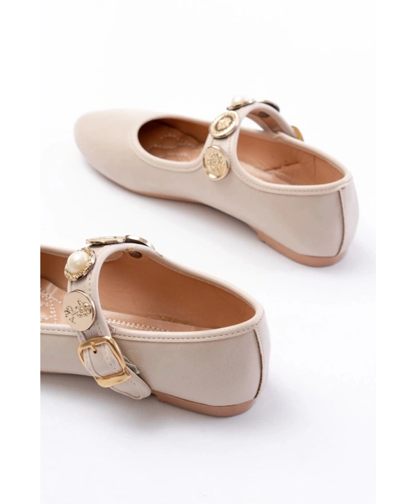 İNF-6363 Bej Baret Tokalı Günlük Bayan Ayakkabı