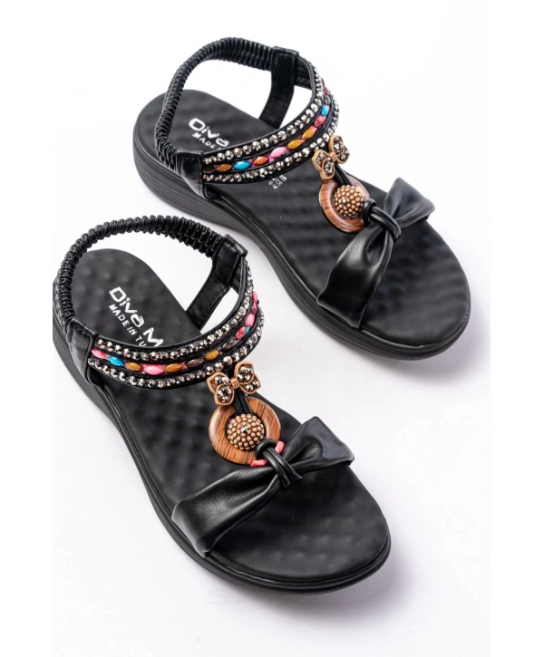 DM-608 Siyah Taşlı Arka Lastikli Günlük Kadın Sandalet