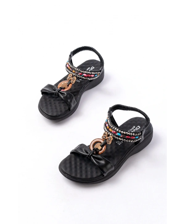 DM-608 Siyah Taşlı Arka Lastikli Günlük Kadın Sandalet